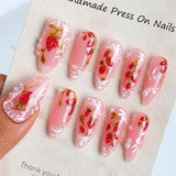 Qfdian  Pink Strawberry Press on Nails Handmade Flower Fake Nails Gradient Color Medium Length Square False Nails for Women Girls