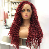 Qfdian Red Wig Deep Curly Synthetic Lace Front Wig Glueless Afro Kinky Curly Burgundy Colored Hair Lace Frontal Wigs for Women Party