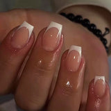 Qfdian 24Pcs Nude White French Fake Nail Short Square Nail Tips Fashion Wearable False Nails with Glue Simple Full Cover Press on Nails