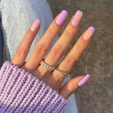 Qfdian  24pcs White Blue Press on Nails Short Square False Nails Wave Simple Lines Stick on Nails Colorful French Fake Nail Summer Fresh