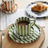 Qfdian Simple Striped Ceramic Teacup Hotel Café Porcelain Coffee Cup 280ml Office Mug Breakfast Bread Dessert Mug Gift Table Decoration