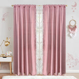 Qfdian  2 Pieces ,Pink Lattice Opaque Curtain with Ruffled Lace Drapes For Living Room,Princess Window Treatment for Daughters Bedroom