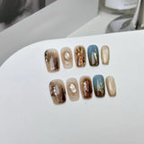 Qfdian  10pcs Amber Cat Eye Press on Nails Gold Glitter Fake Nails Vintage Autumn Winter Short Square False Nails Brown Gradient Nail