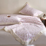 Qfdian  Flower Printed Bed Cover with Lace French Style Washed Cotton Bedspreads Quilted cobre leito de casal Comfortable and Soft