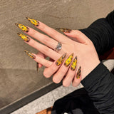 Qfdian Handmade Press on Nails Shiny Cat Eye French Fake Nails with Leopard print Wearable Detachable Glitter Long Almond False Nails