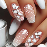 Qfdian 24Pcs Gradient Short Ballet Nails Set with Glue White Simple False Nails Coffin Fake Nail Press on Nails Full Cover Nail Tips