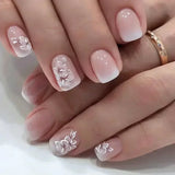 Qfdian  24Pcs Short Square Nude French Tip Press On Nails Set Reusable Acrylic Full Cover Fake Nail with Glue for Women&Girls Decoration
