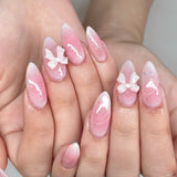 Qfdian  24pcs Nude Pink Almond False Nails Glossy Bowkots Decor Press On Nails Full Cover Short Round Sweet Korean Style Fake Nail Tips