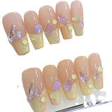 Qfdian Handmade French False Press On Nails Milk yellow With Rhinestones Full Cover Manicuree Decoration Wearable Artificial Nails