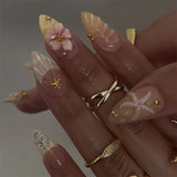 Qfdian 24pcs French Press on Nails Art Simple Pink Flower Star Design False Nail Tips Finished Mid-length Almond Fake Nail Set Manicure