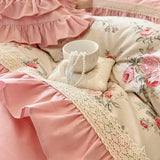 Qfdian 100% Cotton Korean Princess Style Rose Flower Print Ruffles Bedding Set Duvet Cover Bed Sheet/Fitted Sheet/Bed Skirt Pillowcases