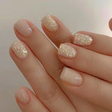 Qfdian 24Pcs Shiny Pearl Wearable False Nails Short Square Fake Nail Simple Summer Press on Nails Detachable Full Cover Nail Tips