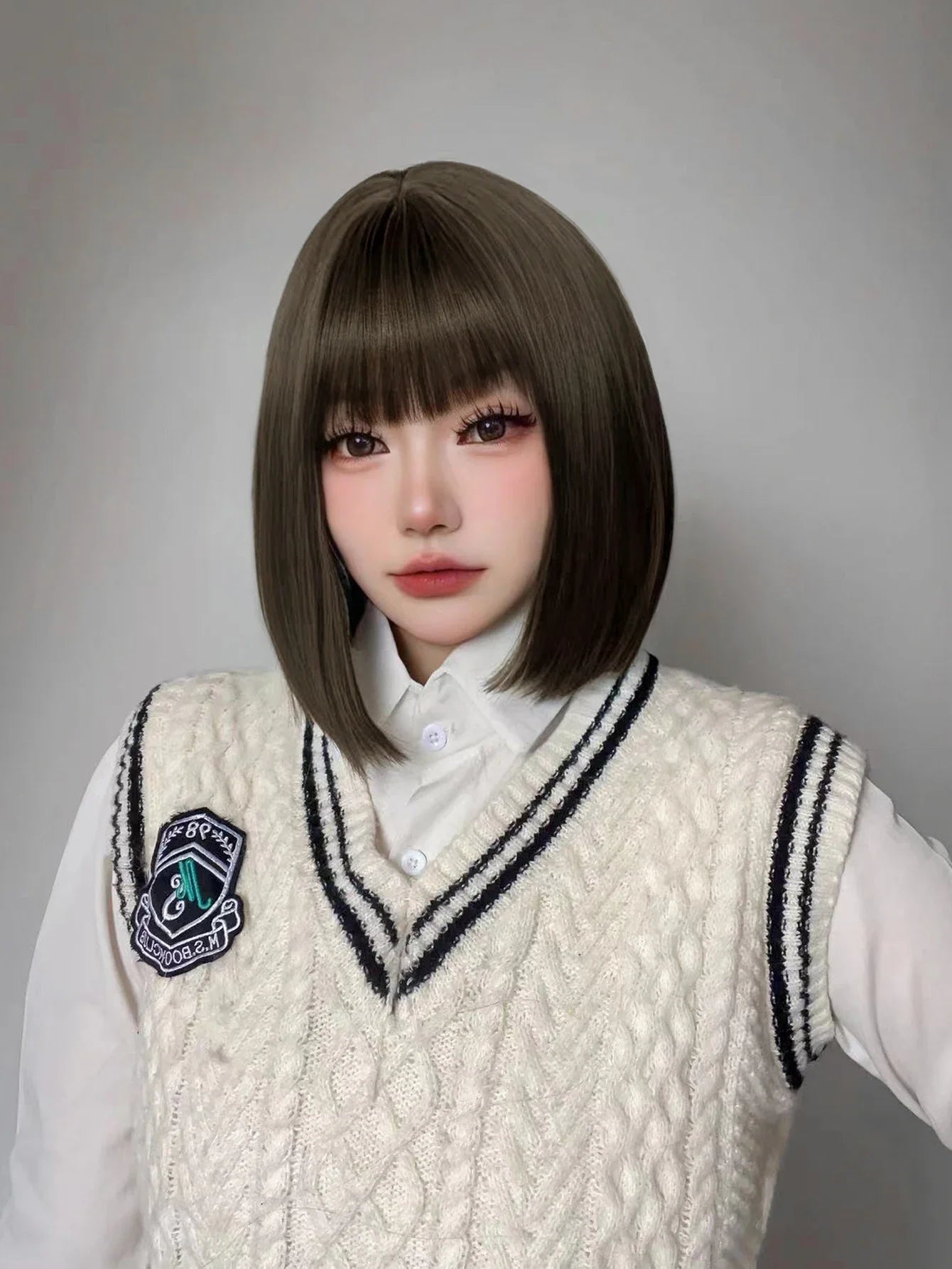 Qfdian 12Inch Lolita Tea Brown Preppy Style Synthetic Wigs With Bang Short Natural Straight Hair Wig For Women Daily Use Heat Resistant