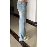 Qfdian  Women Jeans Straight Leg Low Waist Slim Fit Korean Style Retro Light Lace Trim Flared Casual Fashion New Model