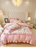Qfdian 100% Cotton Korean Princess Style Rose Flower Print Ruffles Bedding Set Duvet Cover Bed Sheet/Fitted Sheet/Bed Skirt Pillowcases