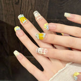 Qfdian  10pcs Handmade Kawaii Cute Gradient Press On Nails 3D Bows Decor Wearable Yellow French Crystal Cat's Eye False Nails For Women