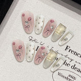 Qfdian  10pcs Handmade Sweet Pink Almond Press on Nails Bowknot Floral Decor Fake Nails Reusable Manicure DIY False Nail Patches
