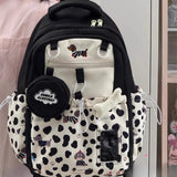 Qfdian  High-capacity Kawaii Girls Travel Backpacks Y2k Women Students Cellphone Bags Patchwork Contrast Color Cartoon Print Schoolbags