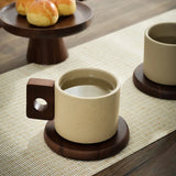 Qfdian Vintage Ceramic Wooden Handle Coffee Cup with Tray Antique 300ml Tea Cup Home Office Mug Birthday Gift Breakfast Mug Home Decor