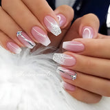 Qfdian  24Pcs Short Square Coffin False Nails Square Fake Nails with Glue French Glitter Wearable Acrylic Nails Set Press on Nail Tips