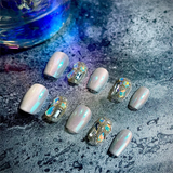 Qfdian Aurora Handmade Press on Nails Fairy Aurora Glitter Fake Nails with Diamond Cat's Eye Ballerina Wear Nail Rewearable Finger Tips