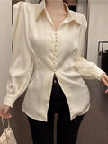 Qfdian  Korean Versatile Hollowed Out Lapel Women Shirt Top Elegant Slim Fitting Office Women's Back Bow Fluffy Sleeve Casual Shirt