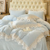 Qfdian 4Pcs Vintage French Romantic Lace Ruffles Carved Velvet Warm Winter Princess Bedding Set Duvet Cover Set Bed Sheet Pillowcases