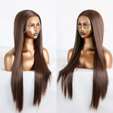 Qfdian Brown Wig Long Straight Synthetic Lace Front Wig Glueless Brunette Hair Dark Chocolate Brown Lace Wigs for Women Party Cosplay