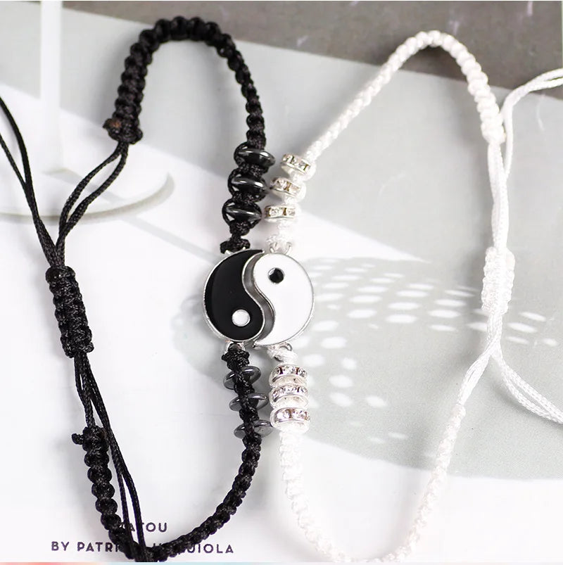 Couple Bracelets Rings Yin Yang Tai Chi Alloy Pendant Adjustable Braid Chain Necklace Matching Lover Bracelet Necklace Earring