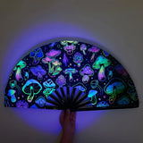 Qfdian  In The Dark Mushroom Folding Fan  Vibrant Neon Psychedelic Design Handheld PP Material for Parties Raves Halloween