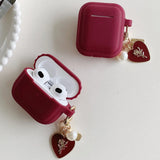 Qfdian soft wine red square earphones case with love pendant silicone Integrated protection cover for airpods 2 3 pro 2 non-slip bumper