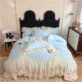 Qfdian  4Pcs Princess Wedding Bedding Set Korean Style Lace Flowers Embroidery Duvet Cover Bed Sheet/Fitted Sheet/Bed Skirt Pillowcases