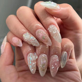 Qfdian  24pcs Press on Fake Nails Set Almond Wearable Simple French Flower False Nail Art Gold Beads Design Diamond Manicure Tips