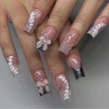 Qfdian 24Pcs Pure White French Press on Nails Long Square Head False Nails with Pearl Pink Bow Design Ballet Wearable Fake Nails