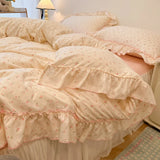 Qfdian 2/3Pc Korean Princess Style Floral Ruffles Bedding Set Single Queen Size Soft Skin-friendly Washed Cotton Duvet Cover Pillowcase