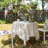 Qfdian Tassel Tablecloths Round Dust-Proof Cotton Fabric Table Cover for Living Room Kitchen Picnic Dinning Tabletop Decorations