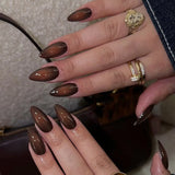 Qfdian  24pcs Short Almond Sweet Cool Press on Nails Glitter French Nail Art 3D Metal Star Stick on Nails Brown Gradient Rhinestone Nail