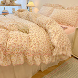 Qfdian 2/3Pc Korean Princess Style Floral Ruffles Bedding Set Single Queen Size Soft Skin-friendly Washed Cotton Duvet Cover Pillowcase
