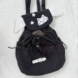 Qfdian  Japanese Sweet Kawaii Wings Backpack Y2k Aesthetic Fashion Plaid Women Schoolbags Casual All Match Ins Star Backpacks Streetwear
