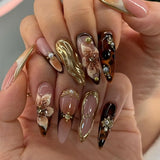 Qfdian 24pcs French Press on Nails Art Simple Pink Flower Star Design False Nail Tips Finished Mid-length Almond Fake Nail Set Manicure