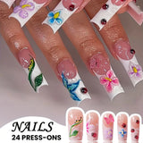 Qfdian 24Pcs Pure White French Press on Nails Long Square Head False Nails with Pearl Pink Bow Design Ballet Wearable Fake Nails