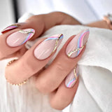 Qfdian 24Pcs Short Round Head False Nails Glitter Pink Almond Fake Nails Strawberry Full Cover Press on Nails Wearable Nail Tips