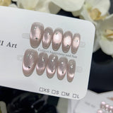 Qfdian  10Pcs Crystal Cat Eye Press on Nails Star Glitter Nail Creme Ballet Delicate Bowknot False Nails Sweet French Almond Fake Nails