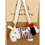 Qfdian Japanese Fluffy Cartoon Striped Dog Shoulder Bag Kawaii Sweet Fashion Women's Handbags Y2k Aesthetic Cute Crossbody Bags Trendy