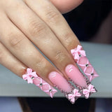Qfdian 24Pcs Extra Long Square Fake Nail with Glue 3D Little Bear Bow Design False Nails White French Press on Nails Wearable Manicure
