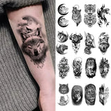 Qfdian  10pcs Waterproof Temporary Tattoo Sticker Dark Wolf Lion Tiger Eagle Snake Deer Skeleton Scorpion Body Art Arm Tattoo Women Men