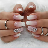 Qfdian  24Pcs Glossy Short Ballerina Press On Nails Pink Glitter Style False Nails With Rhinestone Shiny Artificial Reusable Fake Nails