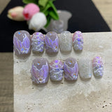 Qfdian  10pcs Butterfly Flower Fake Nails Medium Coffin False Nails Pearl Gradient Press on Nails French Nail Art Sweet Cool Nail Tips