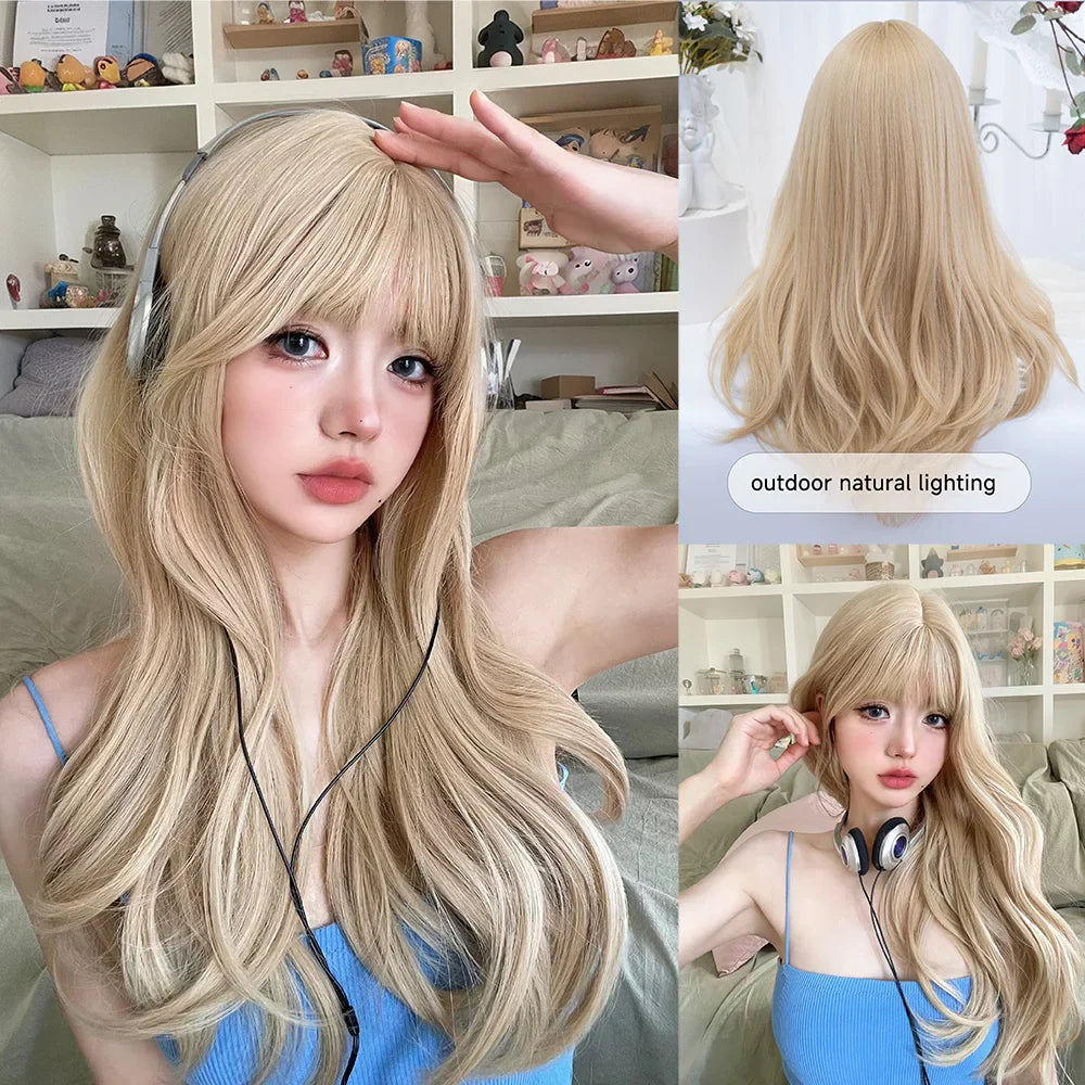 Qfdian 24Inch Blonde Lolita Style Synthetic Wigs With Bangs Long Natural Wavy Hair Wig for Women Daily Use Cosplay Party Heat Resistant