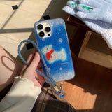 Qfdian Winter scarf puppy shiny fundas for iphone 15pro 14promax 13 15 16 14 pro max 13promax blue gradient anti-fall rope phone case